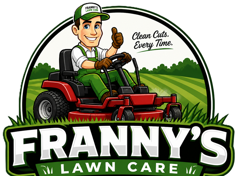 Franny's Lawn Care logo with a mower and the words Clean Cuts. Every Time.